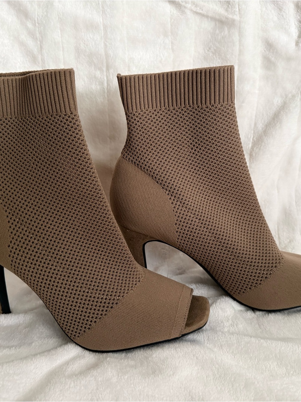MIA Knit Peep-Toe Ankle Booties in Taupe